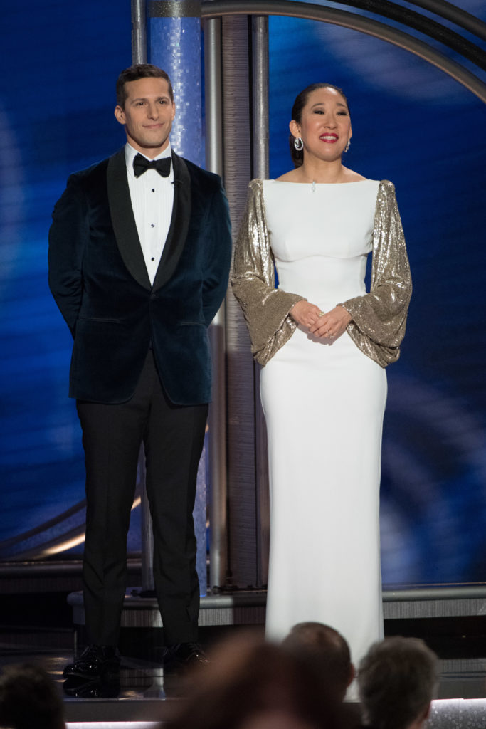 Hosts Andy Samberg and Sandra Oh Golden Globes