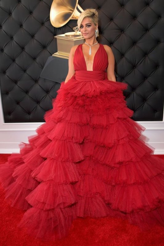 Bebe Rexha Grammys Red Dress Fashion 4chion lifestyle